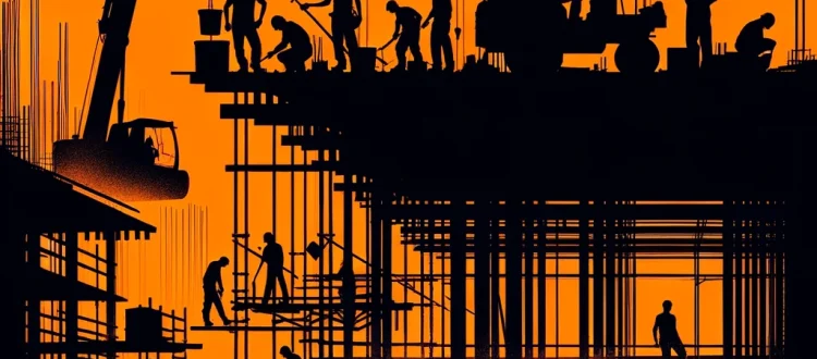 Sagome di operai edili su uno sfondo arancione vivace, simbolo di attività industriosa in un cantiere